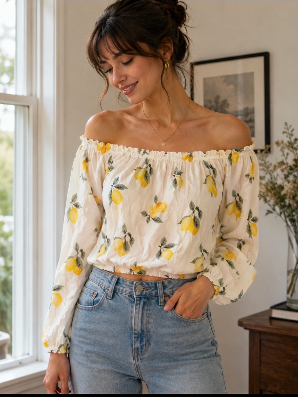 Forever 21 White Off-Shoulder Lemon Print Top OX